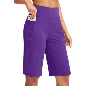 SANTINY Women's 12" Bermuda Shorts Knee Length with Pockets High Waisted Long Shorts for Women Stretch Casual Walking (Purple, S)
