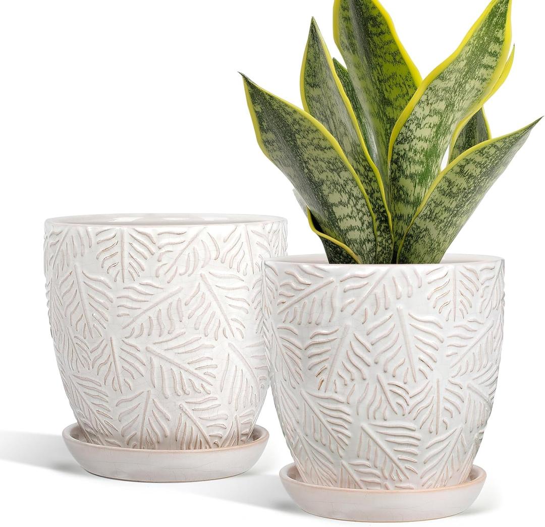 EFISPSS Ceramic Plant Pots, 6 Inch Ceramic Planter Pot with Drainage Hole and Saucer, Indoor Modern Flower Pots, Set of 2 - White