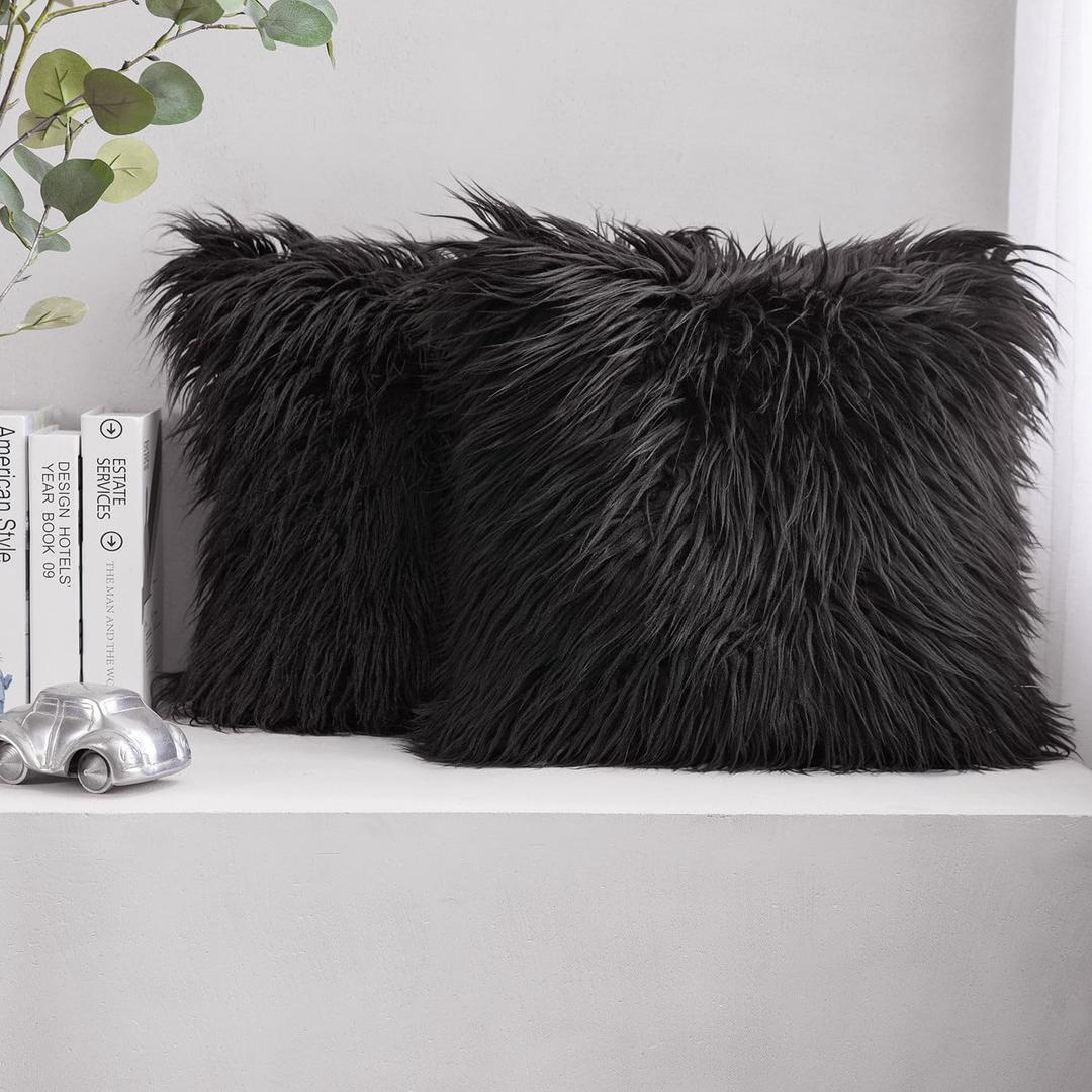 Phantoscope Pack of 2 Faux Fur Solid Throw Decorative Pillow Cover Cushion Covers Luxury Soft Halloween Decorative Pillowcase Fuzzy Pillow Covers for Bed/Couch, Black 18 x 18 Inches
