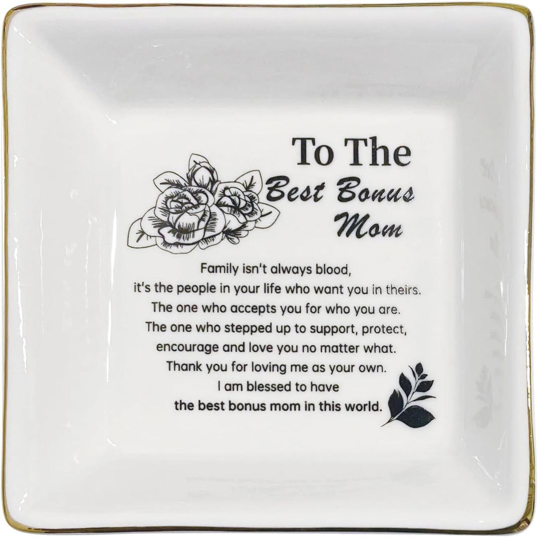 Bonus Mom Gifts from Daughter Trinket Dish Tray Unique Gifts for Bonus Mom Birthday Mother's Day Thanksgiving Day Christmas To The Best Bonus Mom Ring Tray for Jewelry