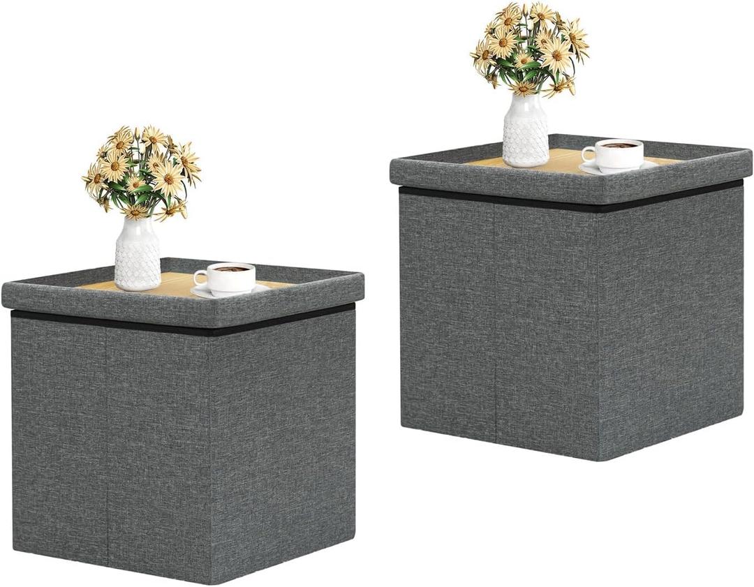 B FSOBEIIALEO Storage Ottoman with Tray, Linen Small Coffee Table Folding Foot Rest Seat Cube, Dark Grey 16"X15.7"x15" Double (2 Pack)