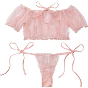Lilosy Sexy Stretch Ruffle Tie Sheer Mesh Lingerie Set Outfits (Medium, Polka Dot Pink)