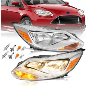HECASA Pair Headlights Assembly Compatible with 2012-2014 Ford Focus 4-Door Replacement for FO2502299 FO2503299 Driver & Passenger Side Halogen Headlamp w/bulbs Clear Lens+Chrome Housing