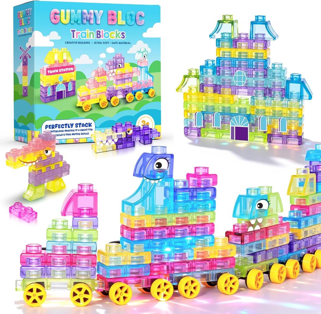 Soft Train Building Blocks with Wheels, 42 PCS Montessori Sensory Stacking Blocks, Toddler Learning Toy with Station, Squeezable, Stretchable & Stackable Tactile Toys, Preschool Creative Play for Kids