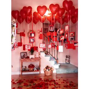 Whaline 30 Pcs Valentine's Day Paper Photo Frame Heart Balloon Set Red Hanging Latex Balloon with Glitter Card Ceiling Decoration for Anniversary Birthday Wedding Decor