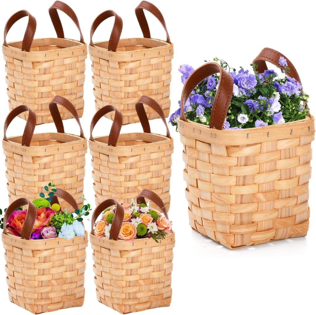 ZOOFOX 6 Pack Small Wicker Basket with Handle, 4" x 4.5" Woodchip Baskets for Gifts Empty, Rustic Style Basket Flower Girl Baskets for Wedding Home Party Decor Easter Gift Packing