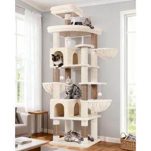 Globlazer Extra Large Cat Tree Tower, 82in Tall Heavy Duty Cat Tree for Indoor Cats Large Adult Big Cat Tower with 8 Scratching Posts, 2 Cat Condos, 2 Top Perches, 3 Hanging Baskets, S82, Beige