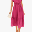 BTFBM Women Summer Bohemian Floral Casual Wrap V Neck Ruffle Cap Sleeveless Belt A-Line Pleated Hem Midi Sun Dress Pink, Size M