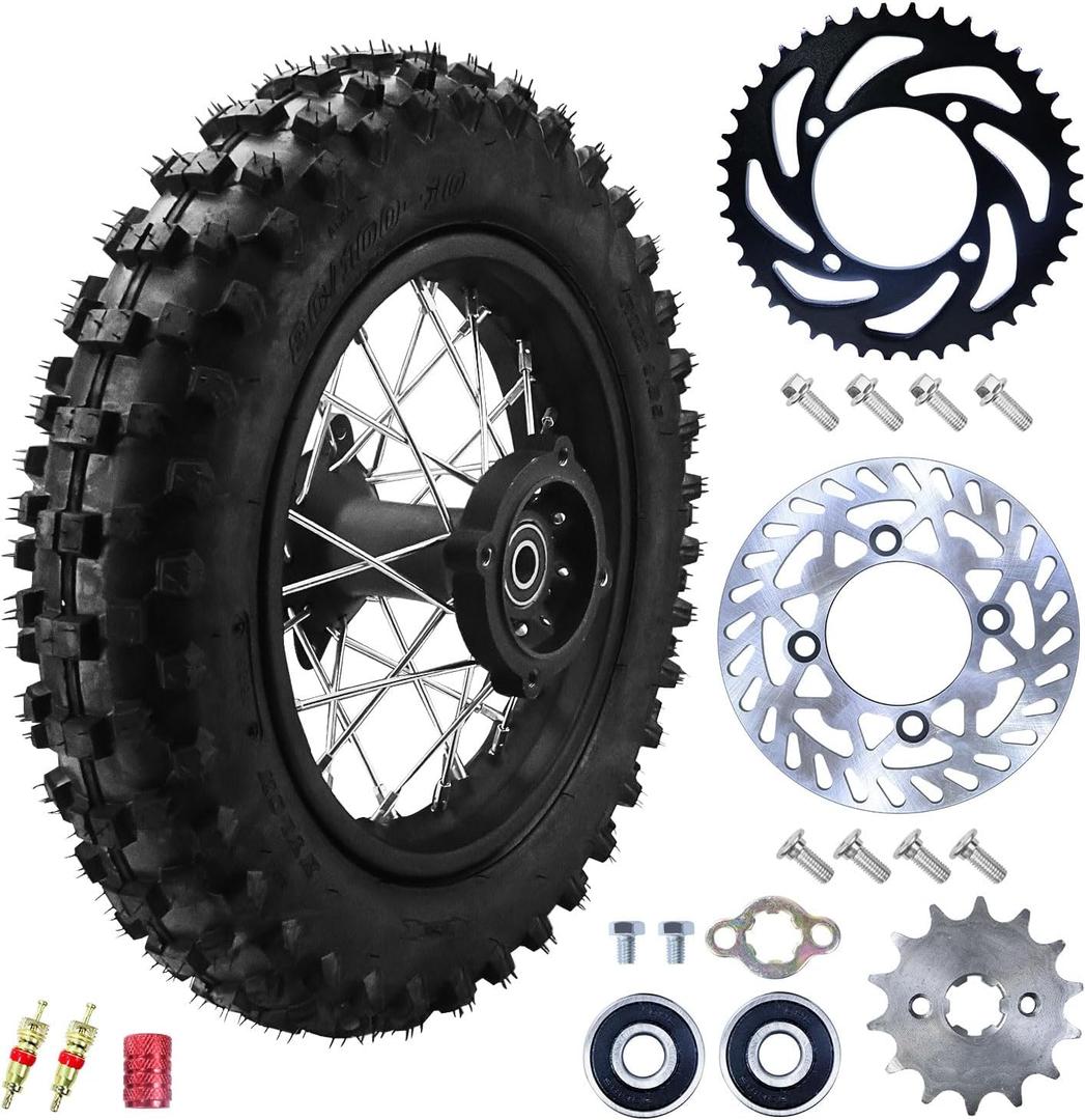 3.00-10 80/100-10 Dirt Bike Rear Rim Wheel Tire With 15mm Bearing 190mm Brake Disc And 420 41T Rear Chain Sprocket For 50cc 70cc 90cc 110cc 125cc SSR CRF XR Apollo Pit Bike Mini Motorcycle