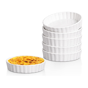 Delling Creme Brulee Ramekins  5 Piece Set, 8 oz Round Fluted Quiche Dishes, Oven Safe, White