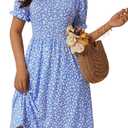 MSBASIC Women's Summer Casual Square Neck Dress Floral Puff Sleeve A Line Midi Sundress with Pockets (Blue, XS)