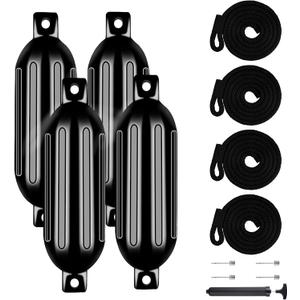 VEITHI Boat Fenders Black 4 Pack, Ribbed Twin Eyes Vinyl Boat Fenders Bumpers, Boat Bumpers for Docking Come with Ropes Needles and Pump to Inflate, Small Bumpers of Boats 4.5 x 16 inch