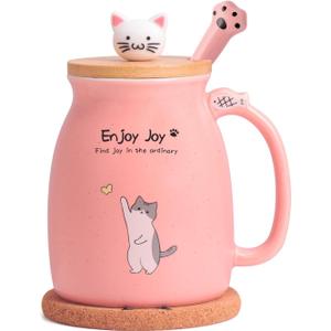 Cute Cat Cup Ceramic Coffee Mug with Kawaii Cat Wooden Lid, Lovely Stainless Steel Spoon, Anime Kitty Thicken Wooden Coaster, Christmas Birthday Cute Thing Japanese Mug 16oz (Pink)