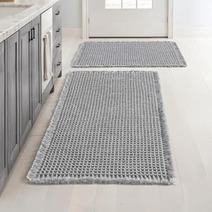 MIULEE Set of 2 Waffle Bathroom Rugs, Boho Bath Rugs Non Slip Washable, Super Absorbent Bath Mats, Ultra Soft Rubber Backed Shower Mats for Bathroom Floor, Tub and Shower, Light Grey, 17"x24"+18"x30"