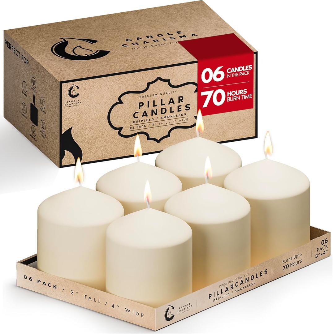 Candle Charisma Ivory Pillar Candles Bulk Pack of 6  (3x4 Inch) Long-Lasting 70-Hour Burn, Dripless & Smokeless  Perfect for Hassle-Free Decor at Weddings, Fall Table Centerpieces & Special Events