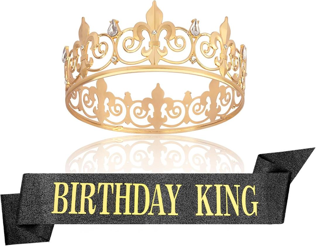 King and Princess Crown,Prom King and Queen Crown Tiara Set with Sashes,Birthday Decorations Sash for Women Men