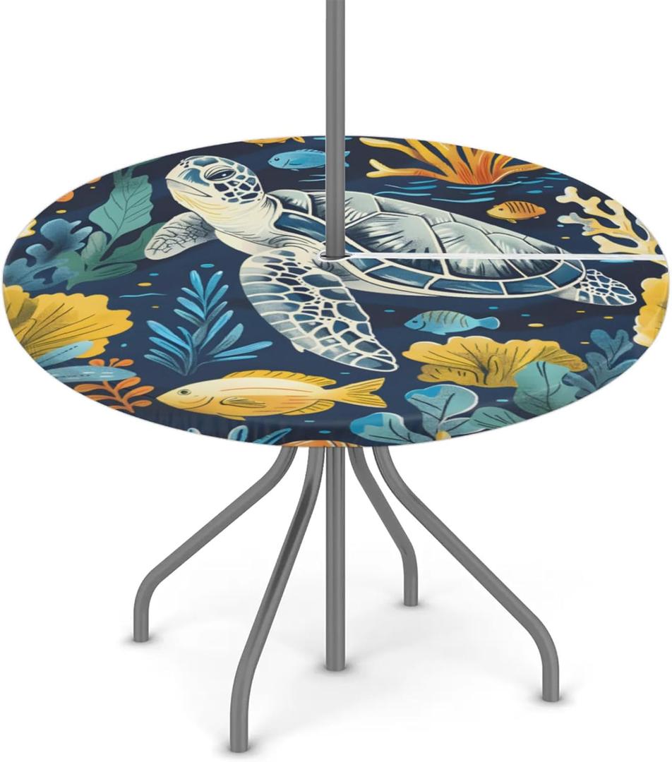 Outdoor Round Tablecloth with Umbrella Hole, Sea Turtle Fitted Table Cloth Waterproof Umbrella Table Cover Elastic Circle Table Cloth with Zipper for Party Picnic, Fit for 45"-56" Round Tables