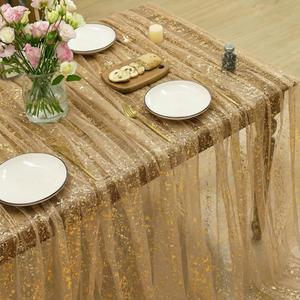 Horaldaily Coffee Gold Gauze Tablecloth 60x104 Inch Rectangular, Golden Sequin Glitter Metallic Foil, Sheer Tulle Cheesecloth for Wedding Baby Shower Ceremony Birthday