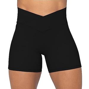 Sunzel Sunzfly Crossover Biker Shorts for Women, V Criss Cross High Waist Yoga Workout Gym Shorts with Tummy Control 4" Black Medium