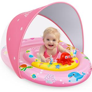 EZIGO Baby Pool Float with Canopy UPF50+ Sun Protection, Inflatable Kids Pool Floats with Ocean Animal Toys for Baby 6-36 Months, Infant Swimming Float with Adjustable Safety Seat for Boys Girls (Pink)