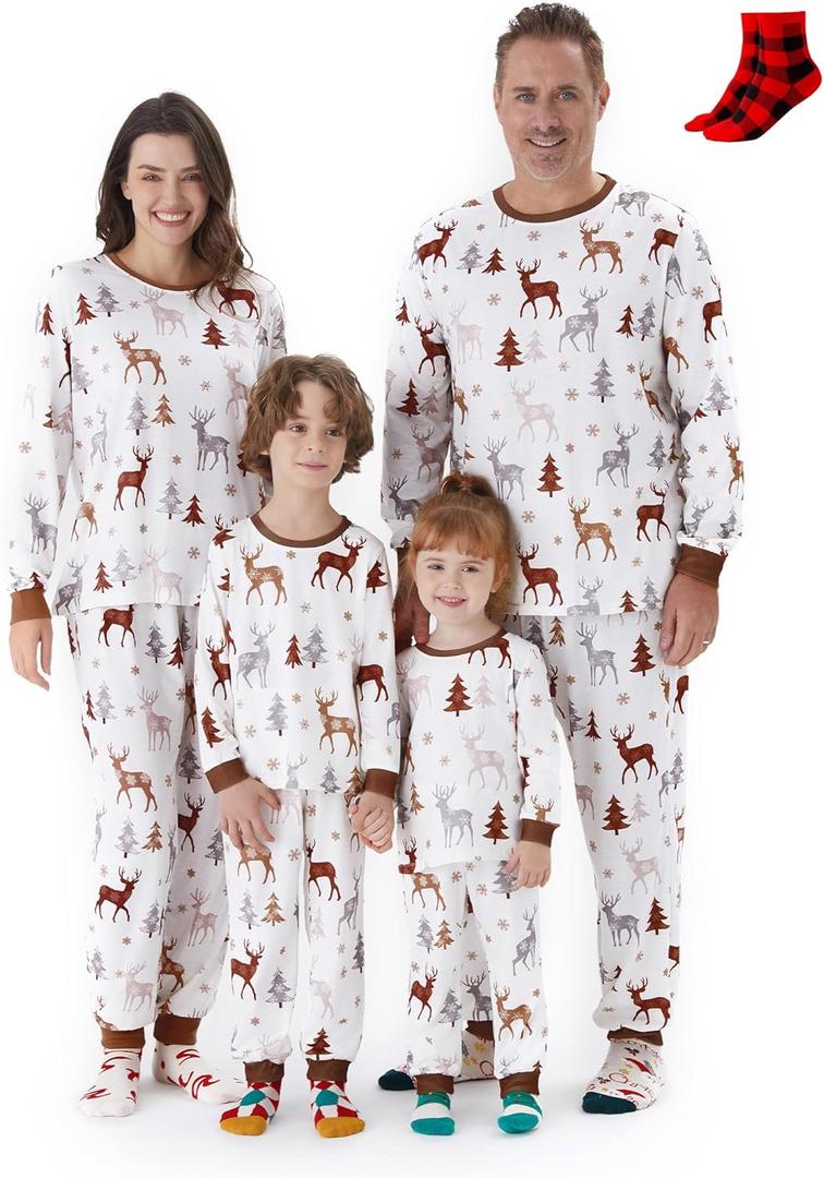 PATPAT Christmas Family Matching Pajama Sets Includes Christmas Socks - Perfect for Family Photos & Holiday Celebrations (8-9 Years, Brown and White)
