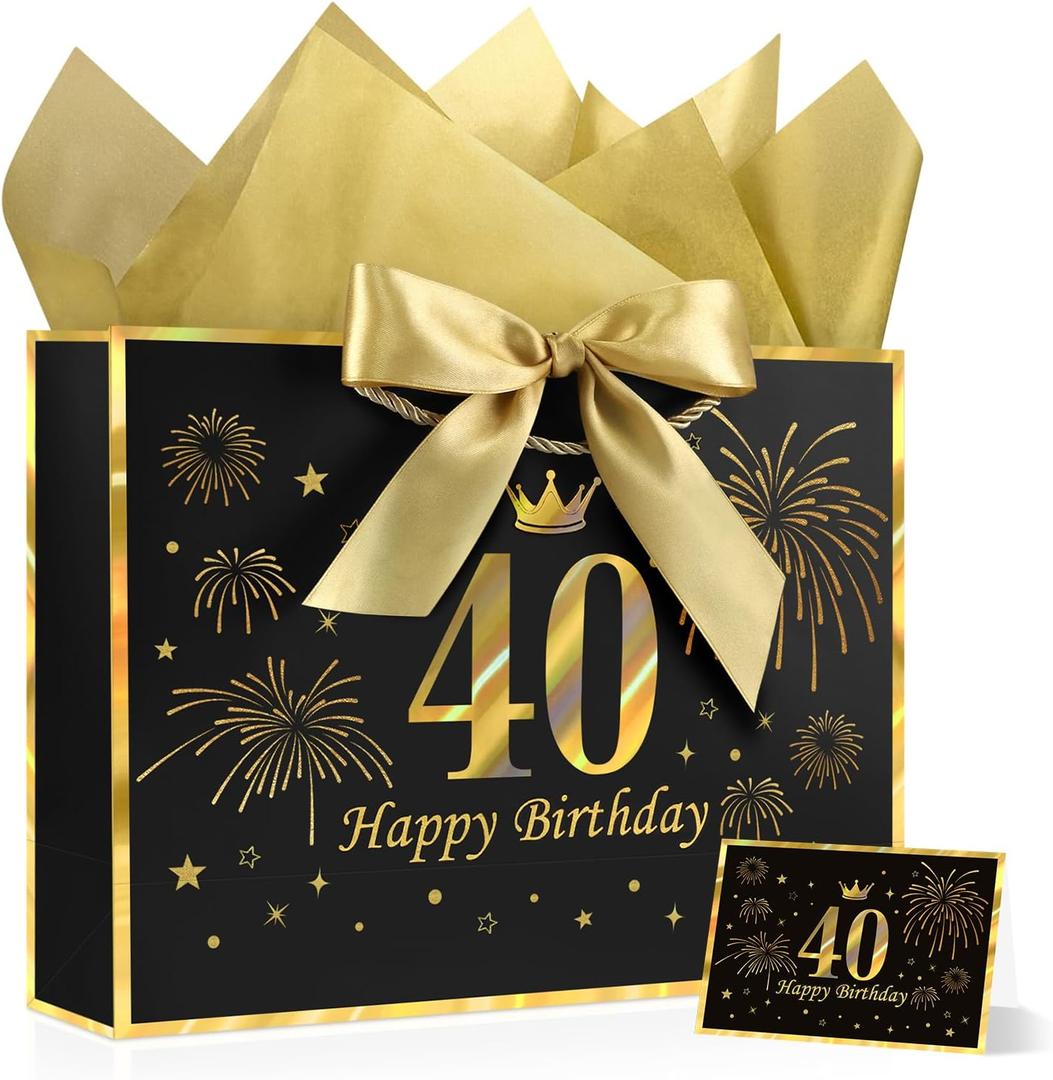 2 x YoungTree 40th Birthday Gift Bag with Tissue Papers and 1 Greeting Card Ribbon,Portable Paper Gift Bags with Handles,Black Gold Present Bags for 40th Birthday Decorations Supplies 12.6" x 9.8" x 4.3"