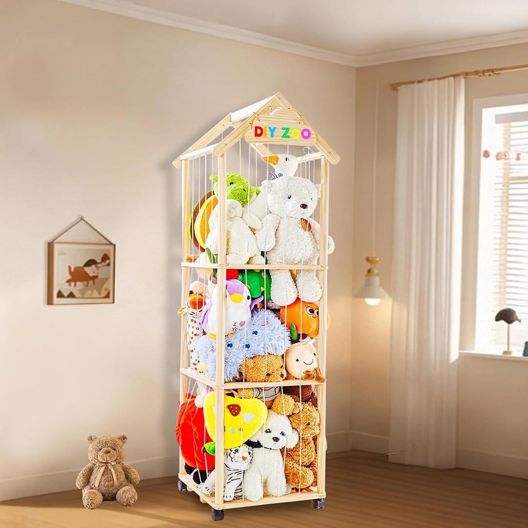 Stuffed Animal Storage,Stuff Animal Organizer Display Wood Zoo Animals Toy Holder with Length Adjustable,360 Swivel Wheels Simple Installation for Nursery Play Room Bedroom