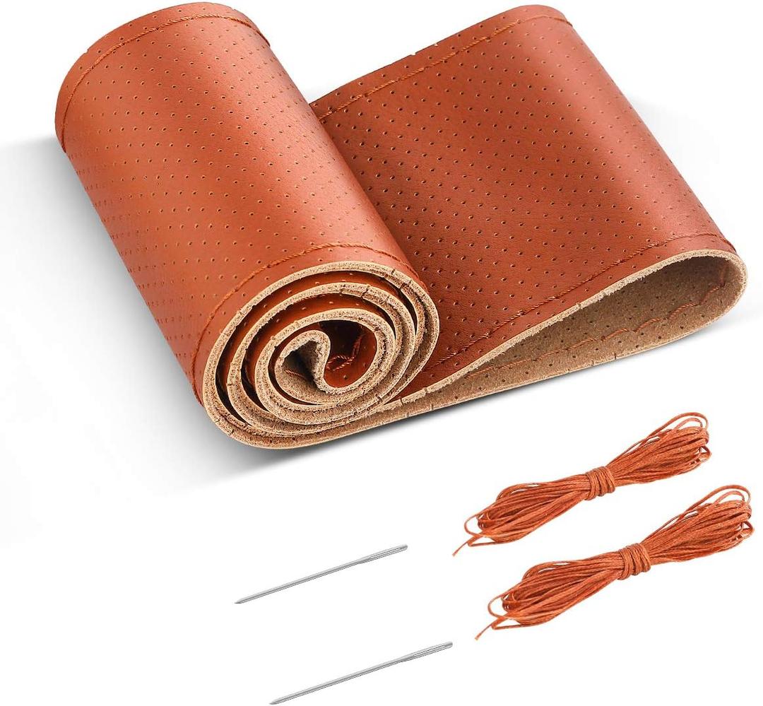 BELINOUS Universal Leather Car Steering Wheel Cover, Stitch On Wrap (Size M4, Brown)