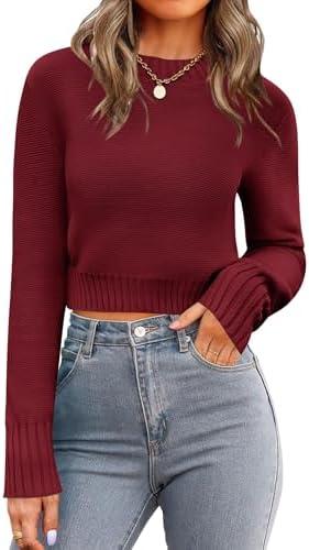 Zeagoo Women's 2026 Fall Crewneck Cropped Sweater Trendy Long Sleeve Ribbed Knit Pullover Jumper Tops, Size L