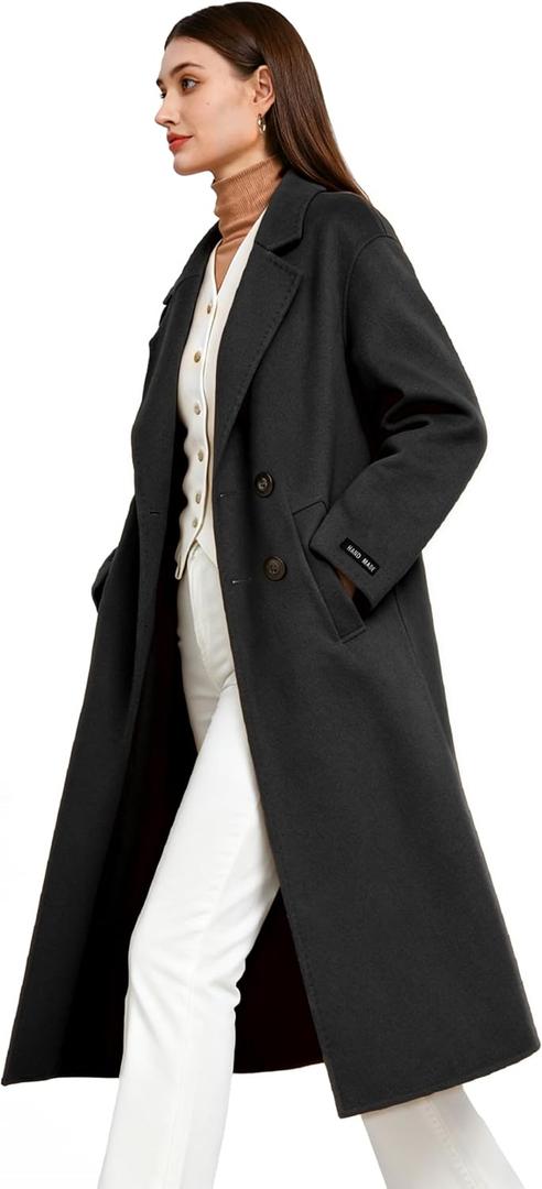 Women's Fall Long Wool Pea Coat,Blended Classy Double Breasted Trench Jacket,Winter Dress Overcoat,Lightweight (X-Large-3X-Large Plus, Black)