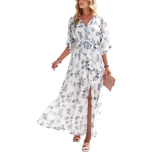 ANRABESS Women’s Summer Loose Kimono Maxi Dress Wrap V Neck 3/4 Sleeve Floral Print Slit Long Dresses (Large)