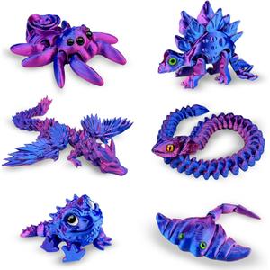 3D Printed Animals Sets - 6PCS Dragon Snake Spider Stingray Collections Fidget Stuff for Adults, Desk Home Office Decor, Birthday Party Halloween (Blue and Purple Set)