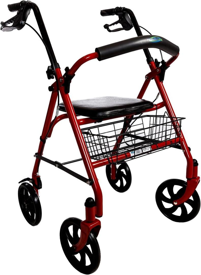 Healthline Trading Walker Rollator with 7.5" Four Wheels Fold Up Removable Back Support, Red