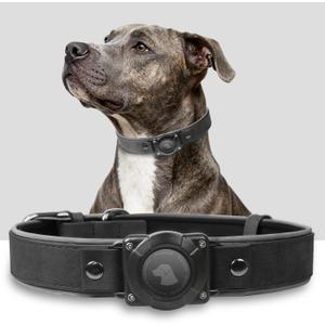 Premium Leather AirTag Dog Collar, 100% Waterproof & Reflective Dog Collar with AirTag Holder  Compatible with Apple Air Tag | Durable, Comfortable Padded GPS Dog CollarsBlack-M (M(12.5"-17.3"))