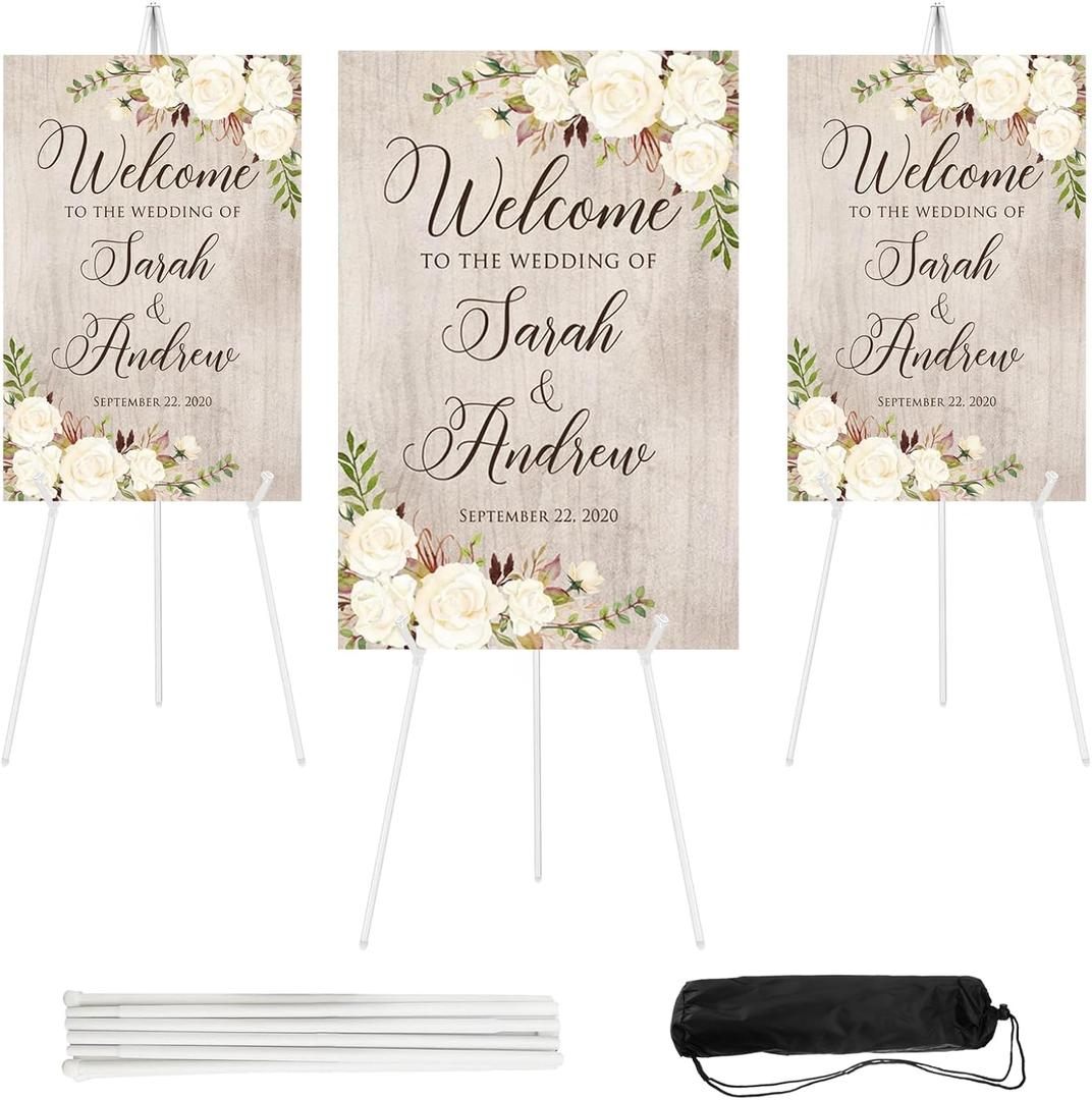 Easel Stand for Sign 66 Inches, Lightweight Adjustable Art Poster Board Stand for Display Wedding Welcome Sign, White Metal Easel Stand for Painting with Portable Bag (3 Pcs) White