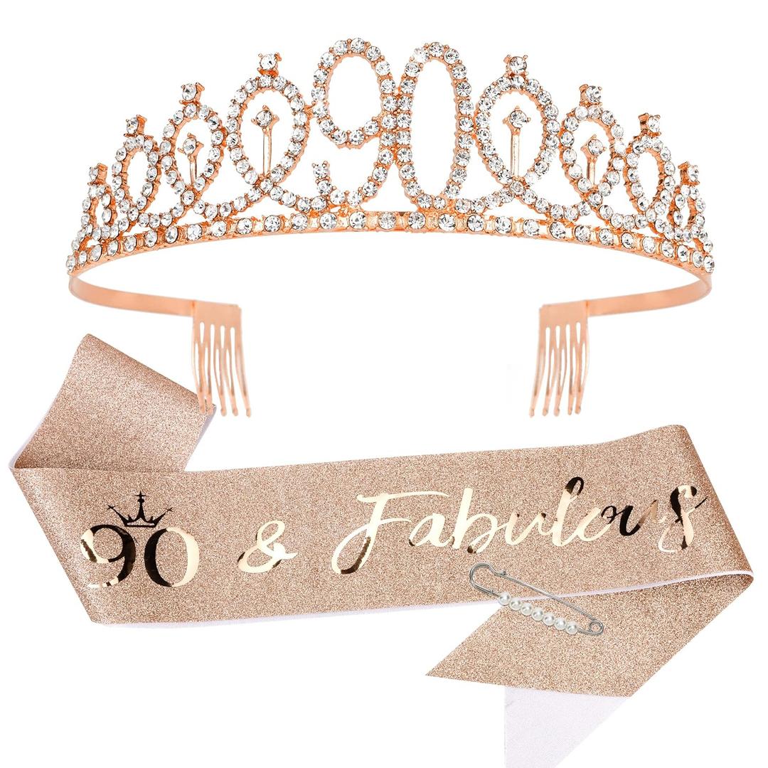 90th Birthday Sash and Tiara, Rose Gold Tiara, 90th Birthday Gifts for Women, 90th Birthday Decorations for Women, Happy 90th Birthday Decorations