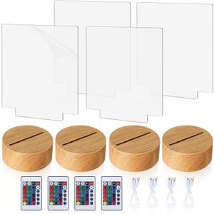 Baquler 4 Set LED Night Light Lamp Base Gift DIY 3D Clear Acrylic Blank Engrave Sheets with Remote Control USB Cable 16 Color 4 Mode for Christmas Room Cafe Bar Birthday Party Decoration(Square)