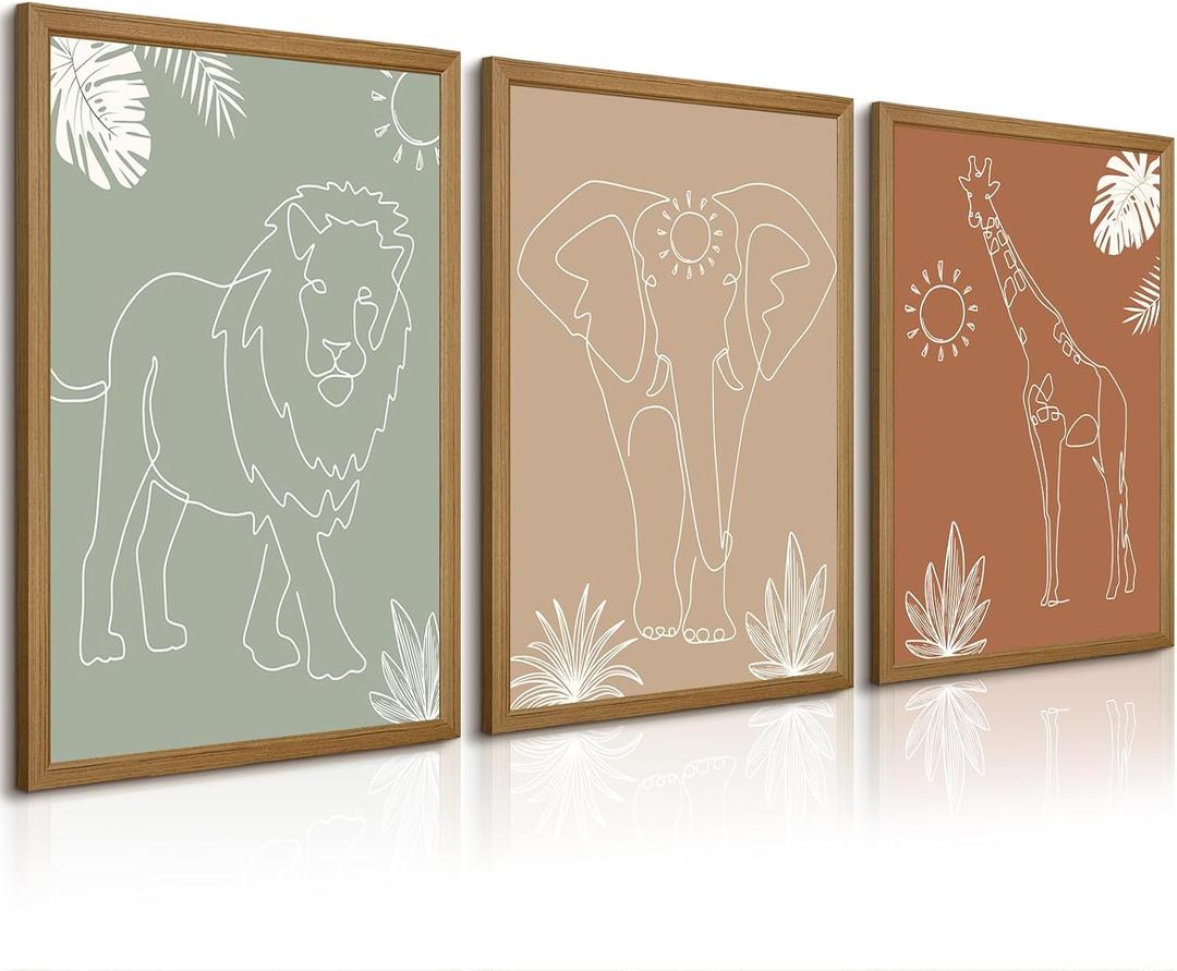 Safari Nursery Wall Art Pictures Baby Animal Canvas Wall Decor Boho Jungle Wall Art Kids Minimalist Poster Elephant Giraffe Lion Prints Nursery Safari Artwork for Bedroom 12x16 Inch Wood Framed Set of 3