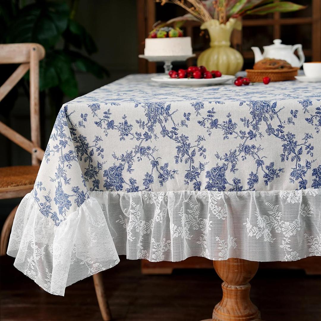 Cotton Linen Tablecloth Vintage Blue Floral Farmhouse White Lace Washable Table Cloths French Country Decor for Home Party Picnic (Blue, 60 x 120 Inches)