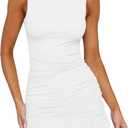 HOCILLE Women's Sexy Bodycon Boat Neck Mini Dresses Sleeveless Ruched Ruffle Hem Club Party Short Dress, Small, White