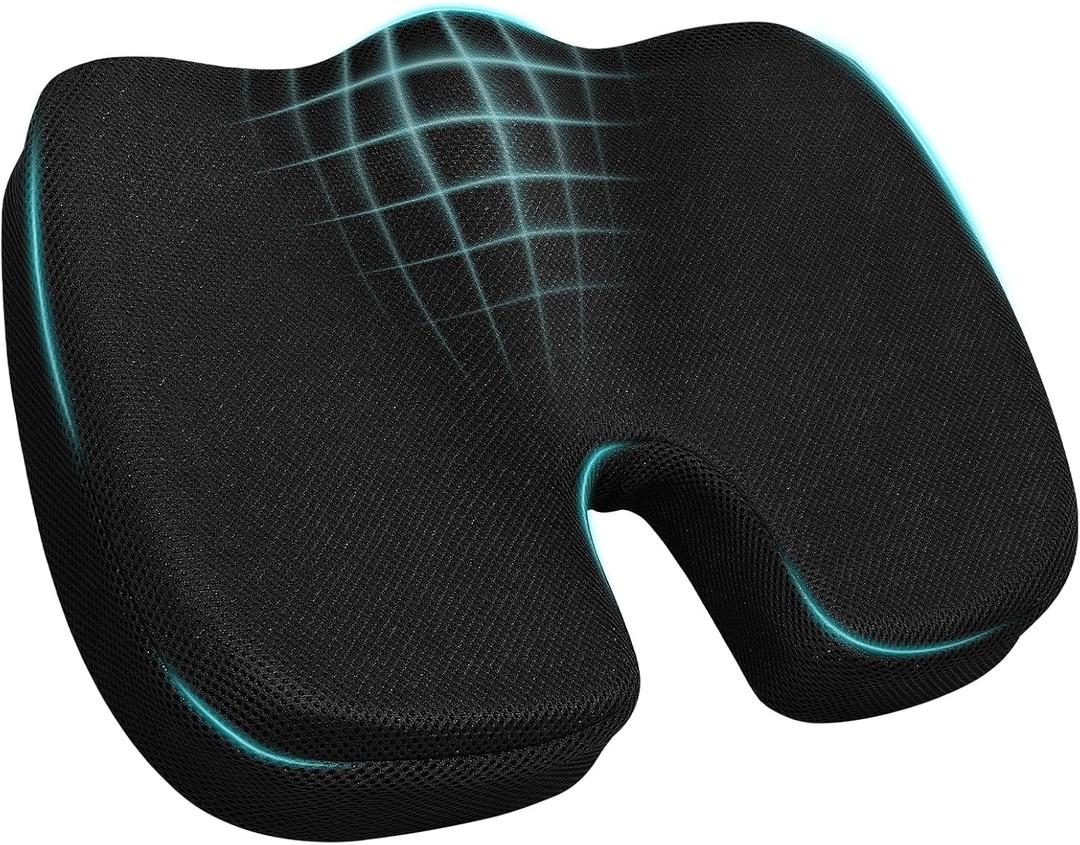 Ergonomic Seat Cushion with Memory Foam for Office Chair, Car Seat, Sciatica & Tailbone Relief, Non-Slip Cushion,Breathable Mesh Cover, Portable Handle - Black