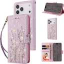 UEEBAI Wallet Case for iPhone 17 Pro Max, PU Leather Phone Cover Kickstand RFID Blocking Flip Case Card Slots Wrist Strap Relief Engraved Pattern Magnetic Closure Flower Folio Wallet, Lavender