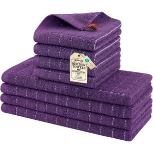 Homaxy Kitchen Towels and Dishcloths Set, 12 x 12 and 13 x 28 Inches, Set of 8 Bulk Cotton Terry Kitchen Towels Set, Checkered Designed, Soft and Super Absorbent Dish Towels, Purple