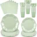 NatNarr 175 Pcs Sage Green Plates and Napkins Set, 25 Guest Sage Green Party Supplies Include Scalloped Paper Plate Napkin Cup Forks Knives Disposable Plastic Cutlery for Wedding Baby Shower Birthday