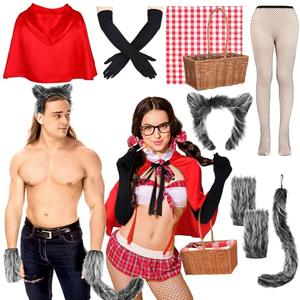 JenPen 10 Pcs Halloween Couples Costumes Outfit Riding Hood Costume Werewolf Costume Accessories Men Women Adult Cosplay Supplies Wolf Ears Tails Gloves Cloak Basket