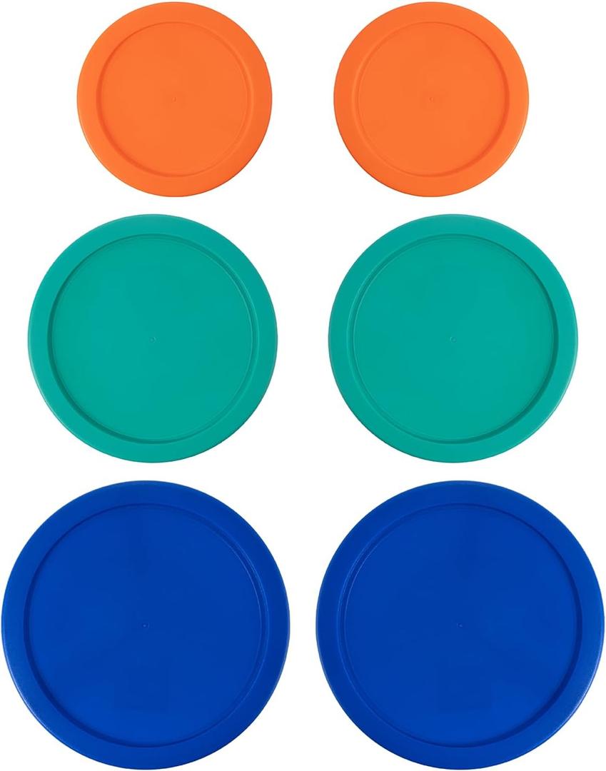 Replacement Lids for Pyrex Containers Round Glass Food Plastic - (2) 2-Cup Orange, (2) 4-Cup Teal, (2) 7-Cup Blue - BPA-Free, Dishwasher & Microwave Safe (Bundle 1)