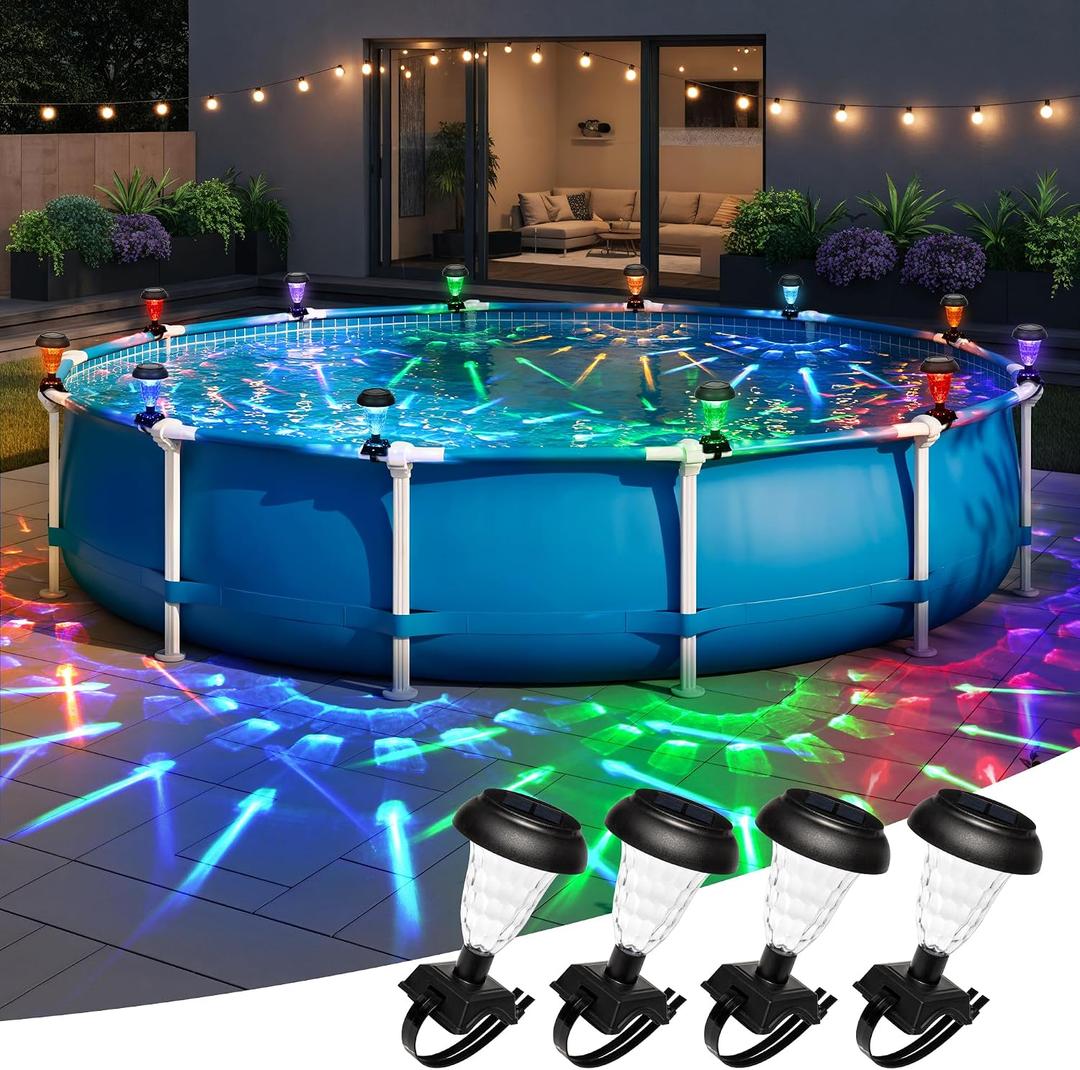 Solar Powered Pool Lights for Framed Above Ground Pools, Waterproof RGB Color Changing Light, Backyard Decor Accessories for Framed Swimming Pools, 4 Pack, Missing one Piece