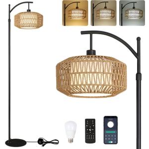 Arc Floor Lamps for Living Room, Dimmable Rattan Floor Lamp with Remote & LED Bulb, Mid Century Modern Standing Lamp with Double Shades, Boho Farmhouse Tall Pole Lamps for Bedroom Office (Black)