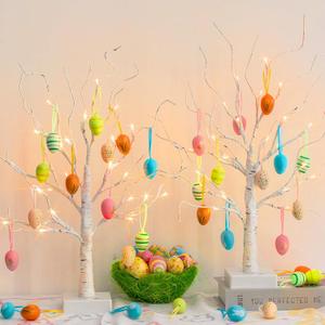 EAMBRITE Easter Decorations Easter Tree with 18x2 pcs Eggs Ornaments, Lighted White Birch Tree with Timer Battery Powered, Twig Tree Tabletop Centerpiece Spring Decorations for Home (2 Pack, 24 LED)
