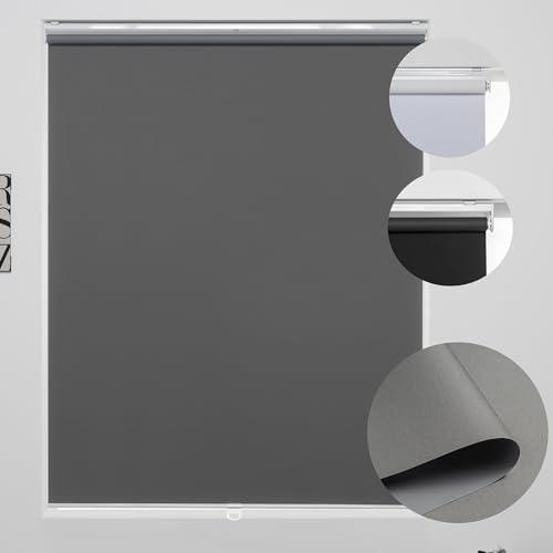 KALYSIE Cordless Roller Shades 100% Blackout Blinds for Windows and Doors, Pull Down Room Darkening Window Shades, Easy to Install for Home and Office, Grey, Fixed 75 Inches High, 28 Inches Width